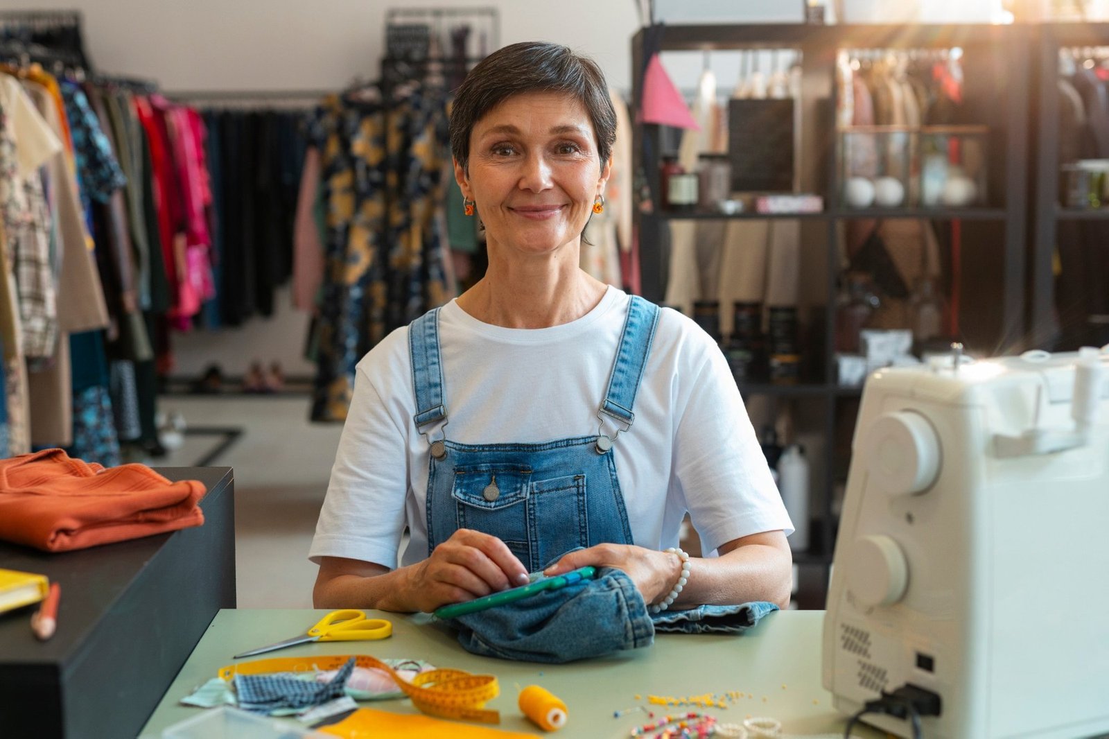 Emprendedora de una tienda de ropa sonriendo frente a su máquina de coser